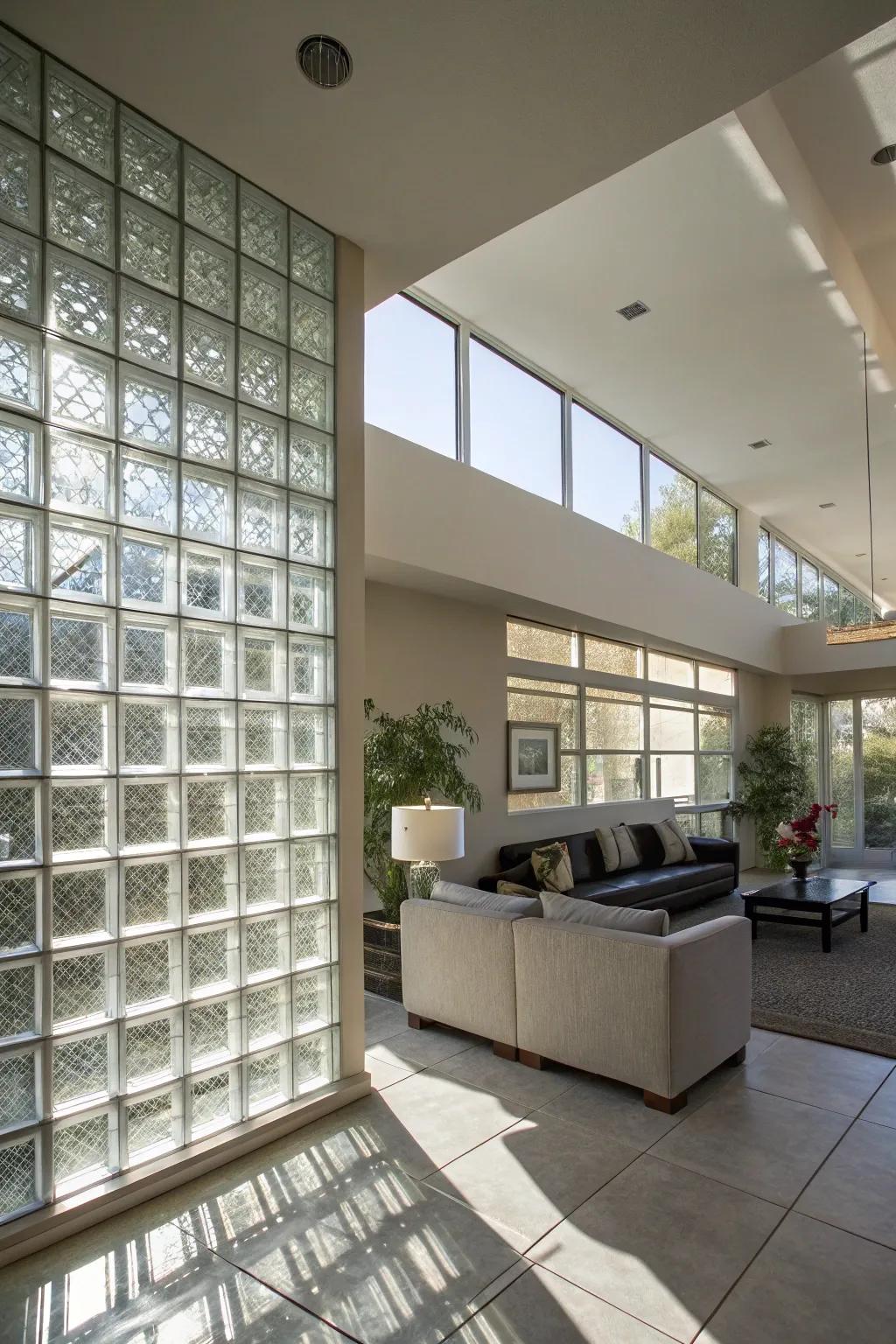 A modern living area featuring a glass block wall, which serves as a captivating focal point, filled with natural light.