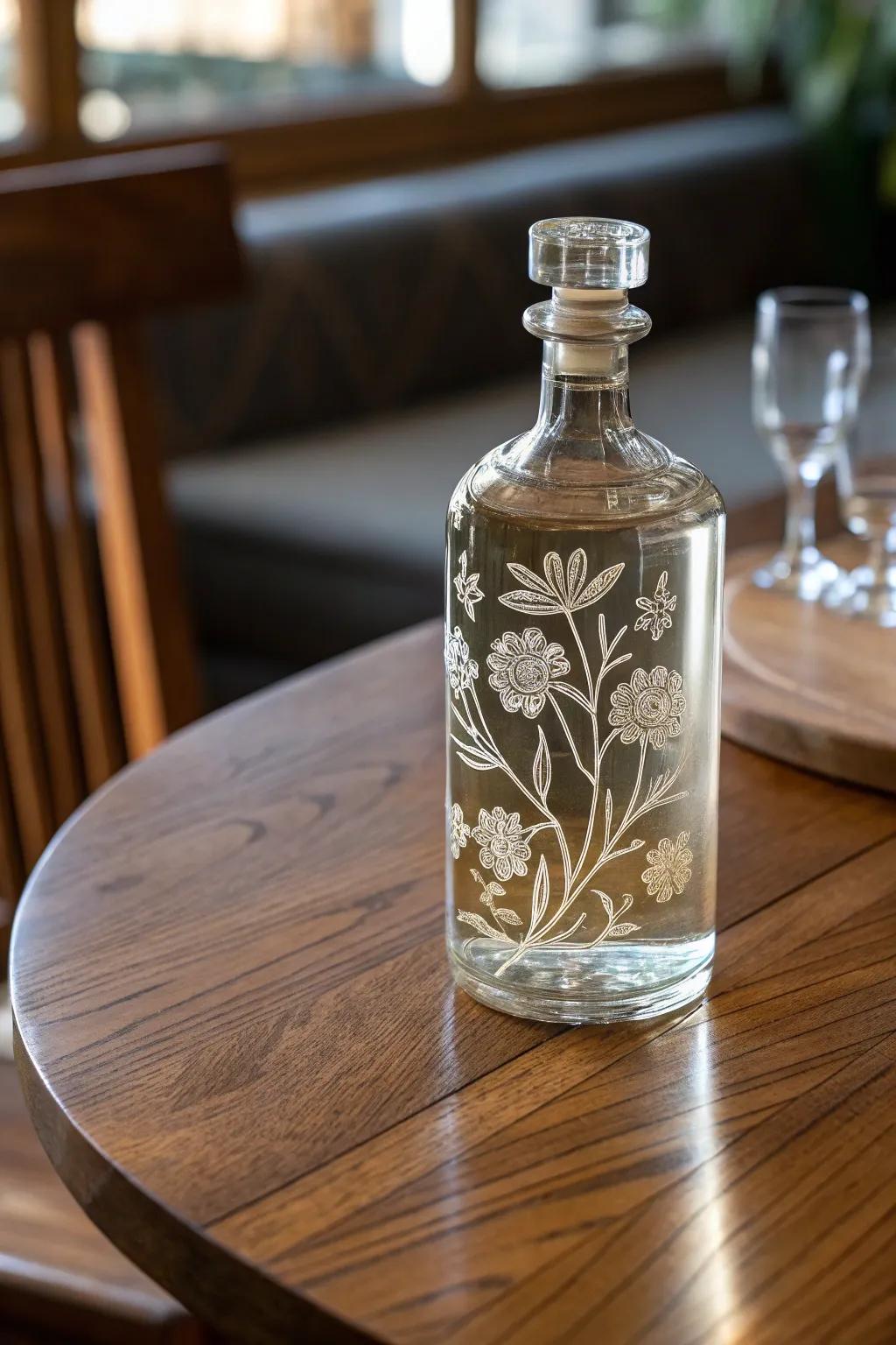 A marked glass container displaying complex floral patterns.