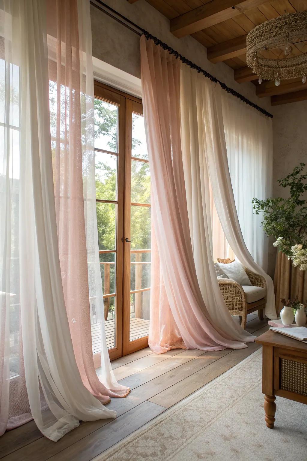 Craft a dreamy retreat with sheer drapes that softly filter the light, creating a tranquil atmosphere.