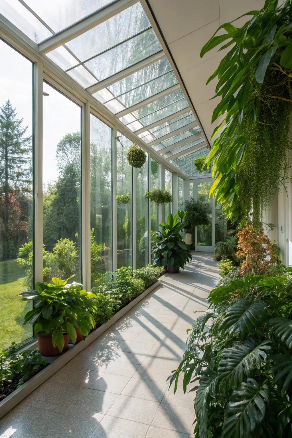 A serene green haven established within a glass extension.