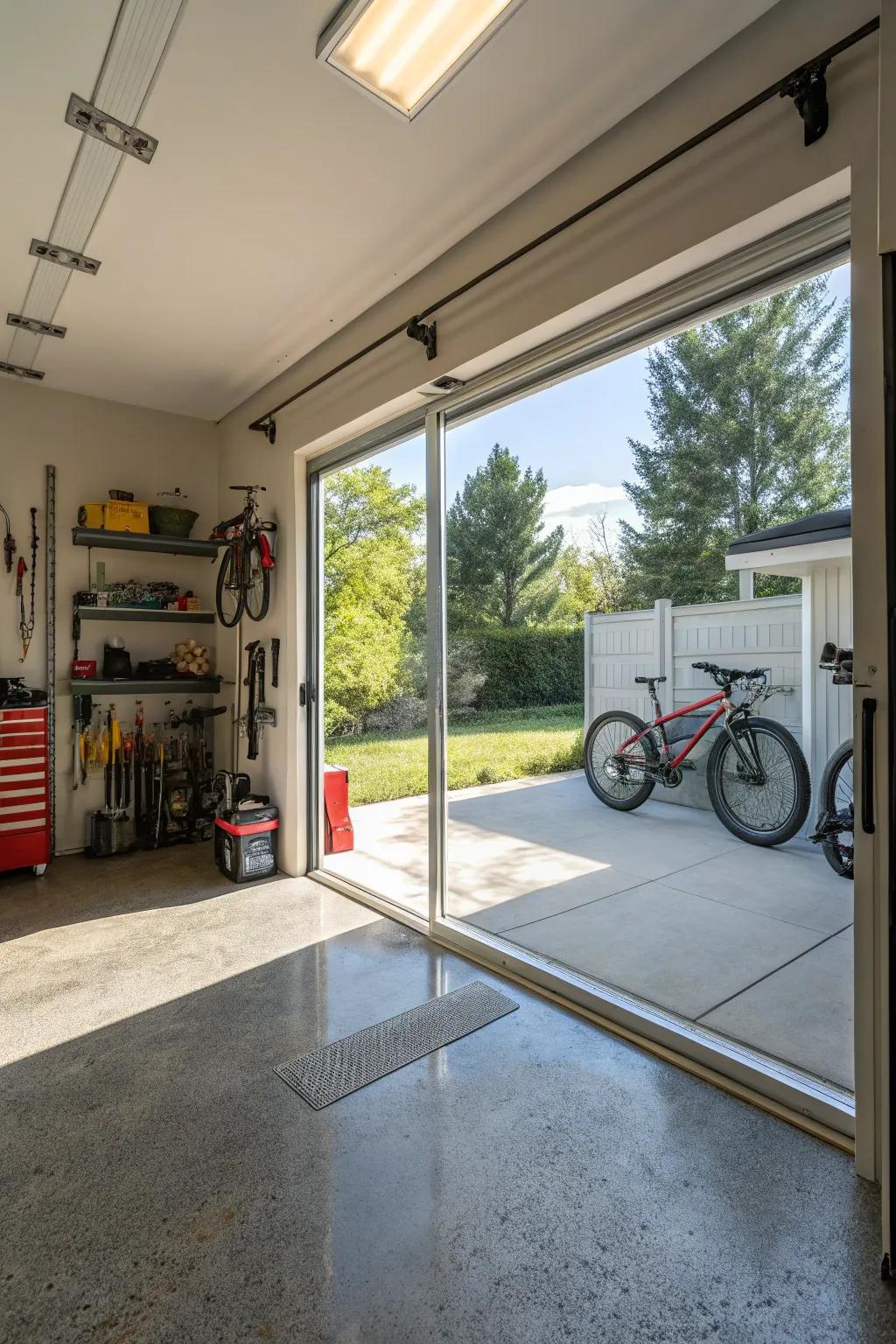 A luminous garage setting enhanced using a glass panel entryway.