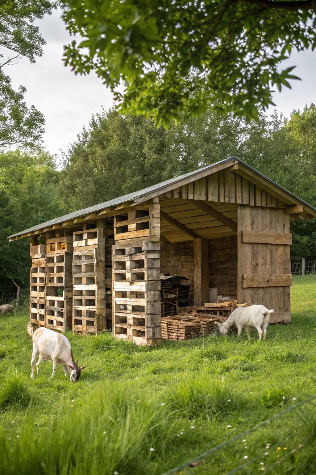 A sustainable goat shelter fashioned from recycled boards.