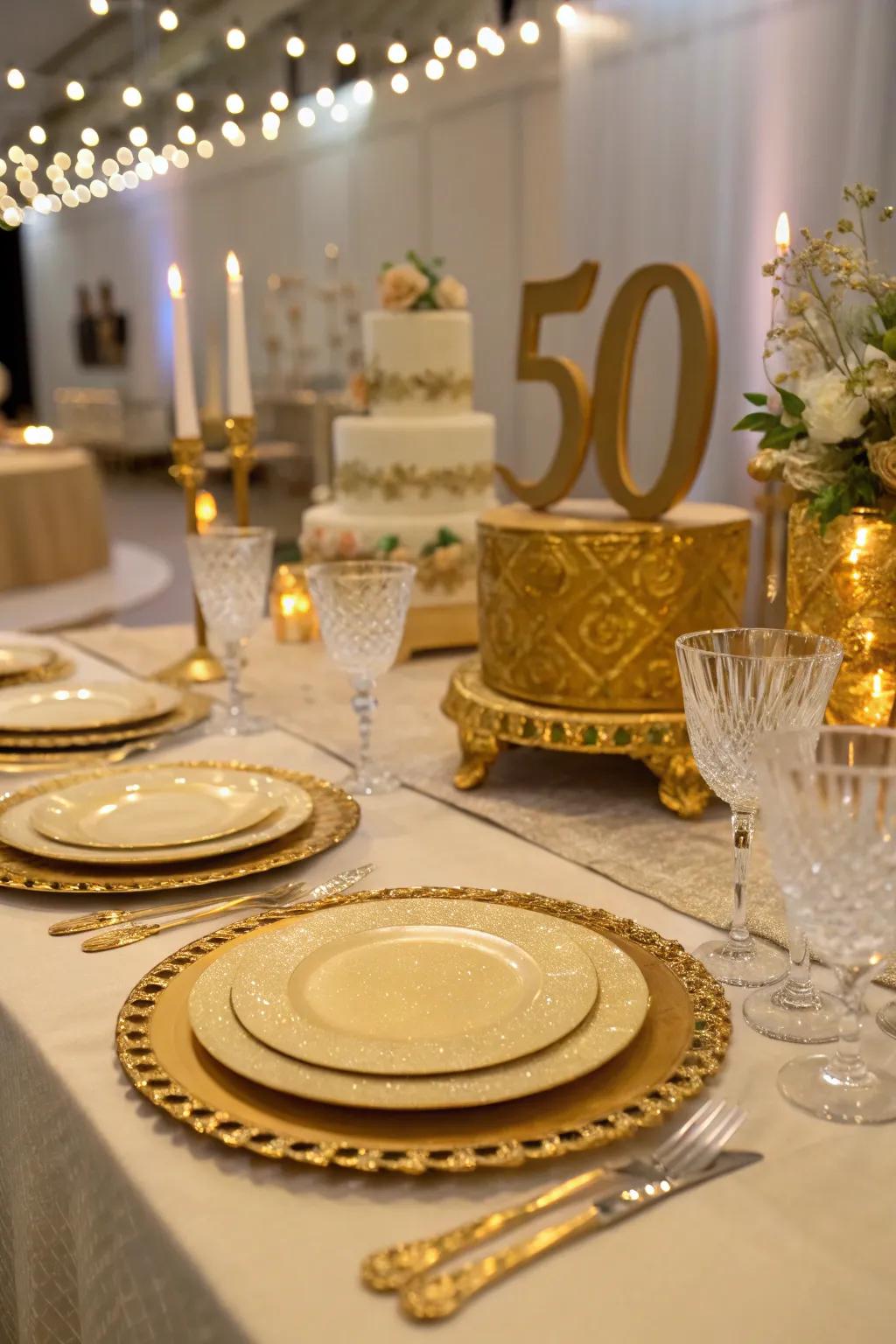 Opulent gold-themed table settings, elevating the elegance of any event.