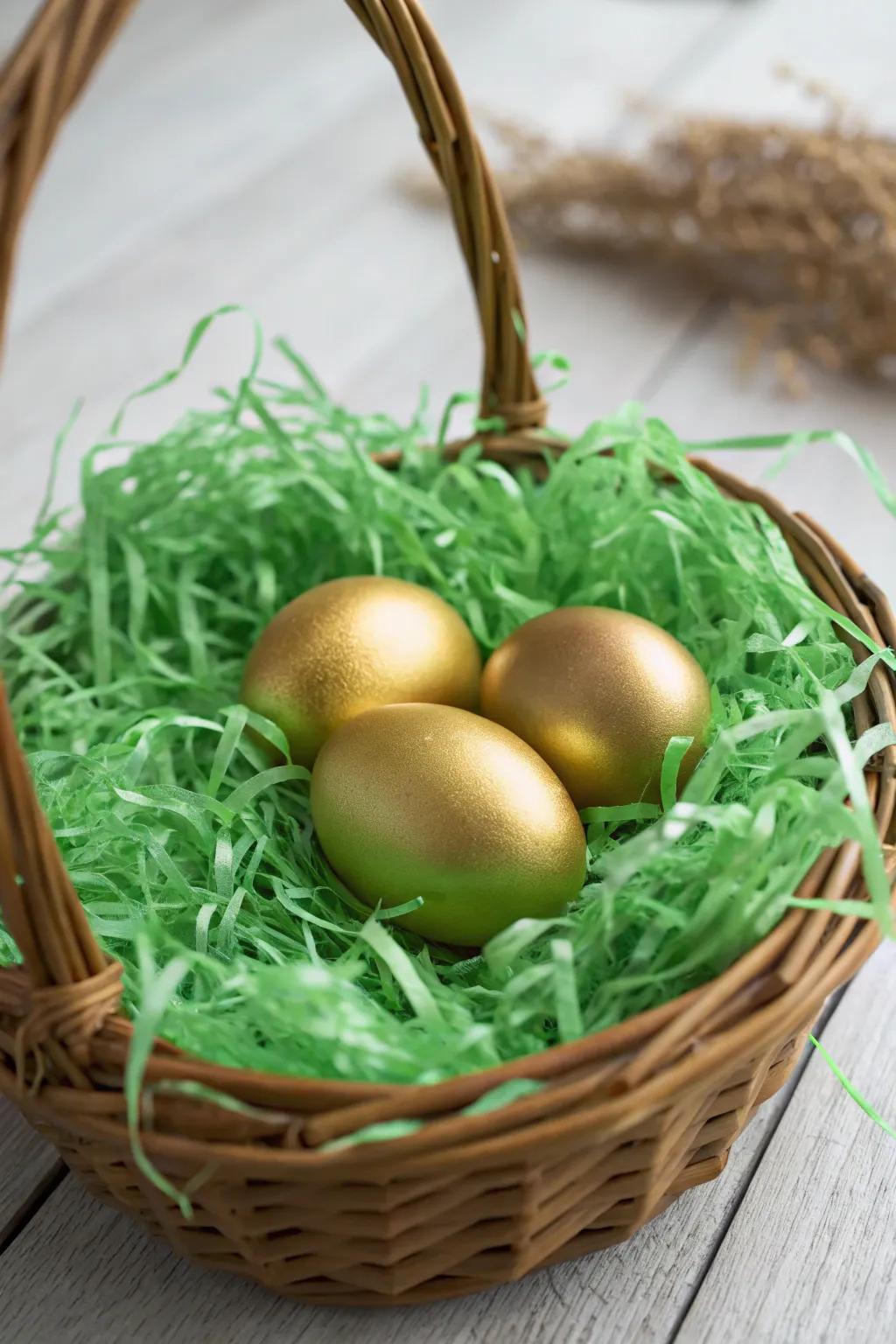 Radiant golden eggs shine against a lively backdrop of emerald paper ribbons.