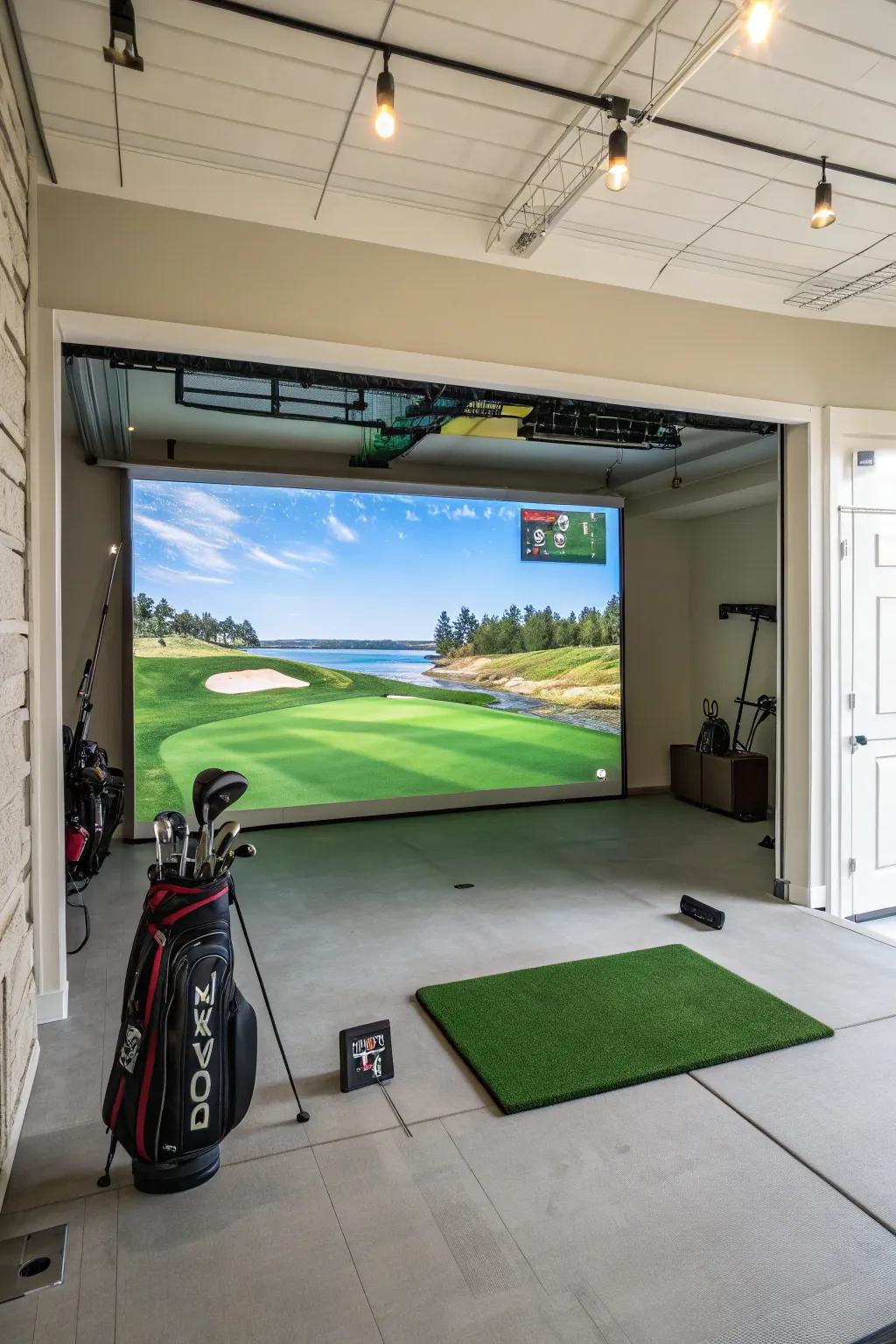 The projection screen is central to your garage golf setup.