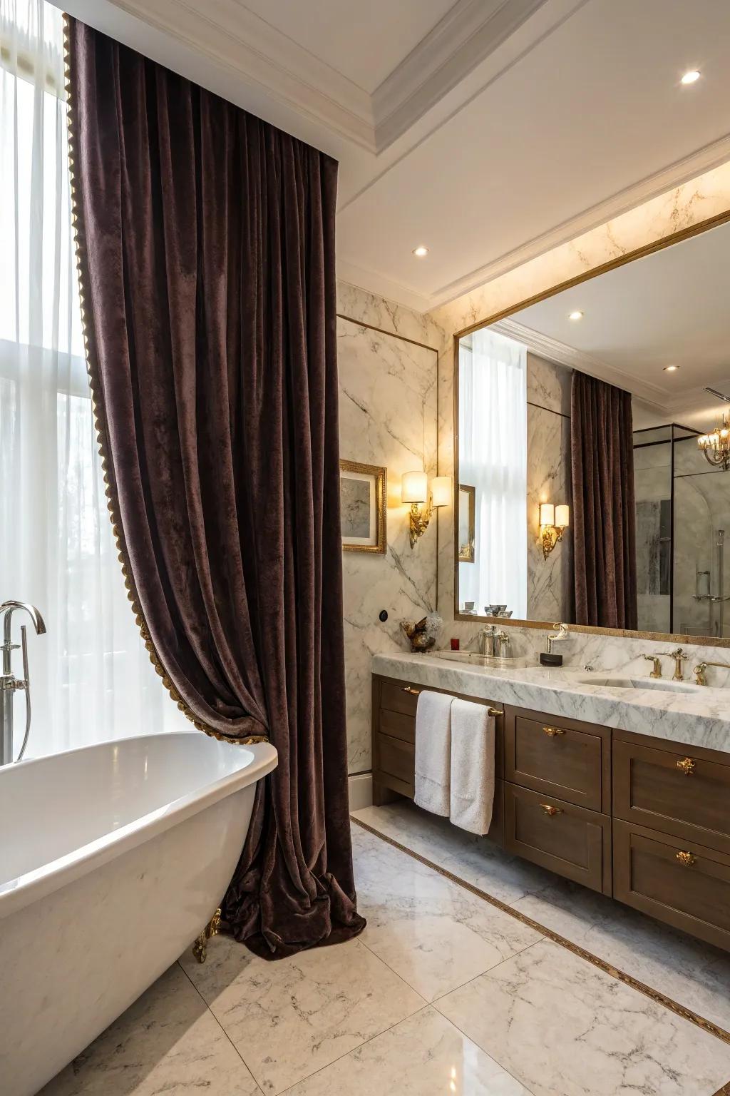 Velvet and marble deliver beauty and opulence to this gothic washroom.