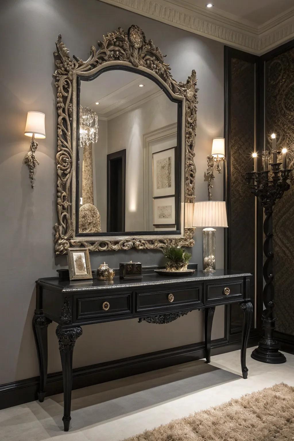A fancy mirror surround adds sophistication and dimension to your dressing table arrangement.