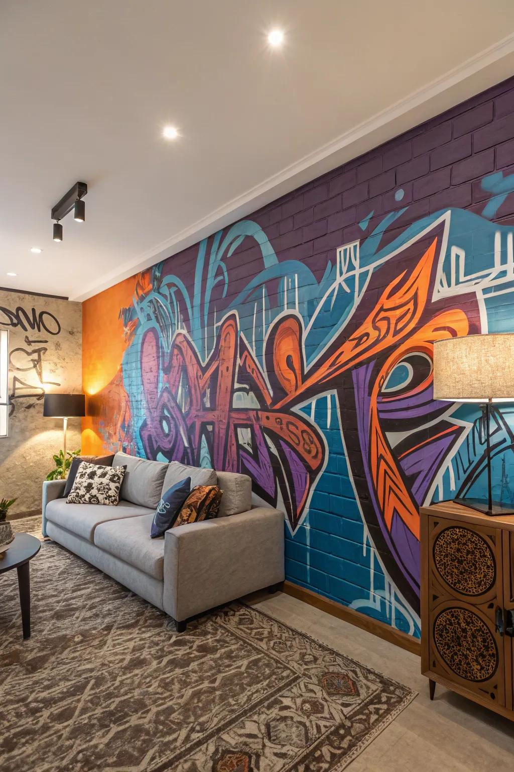 A vibrant graffiti mural bringing color to a living room