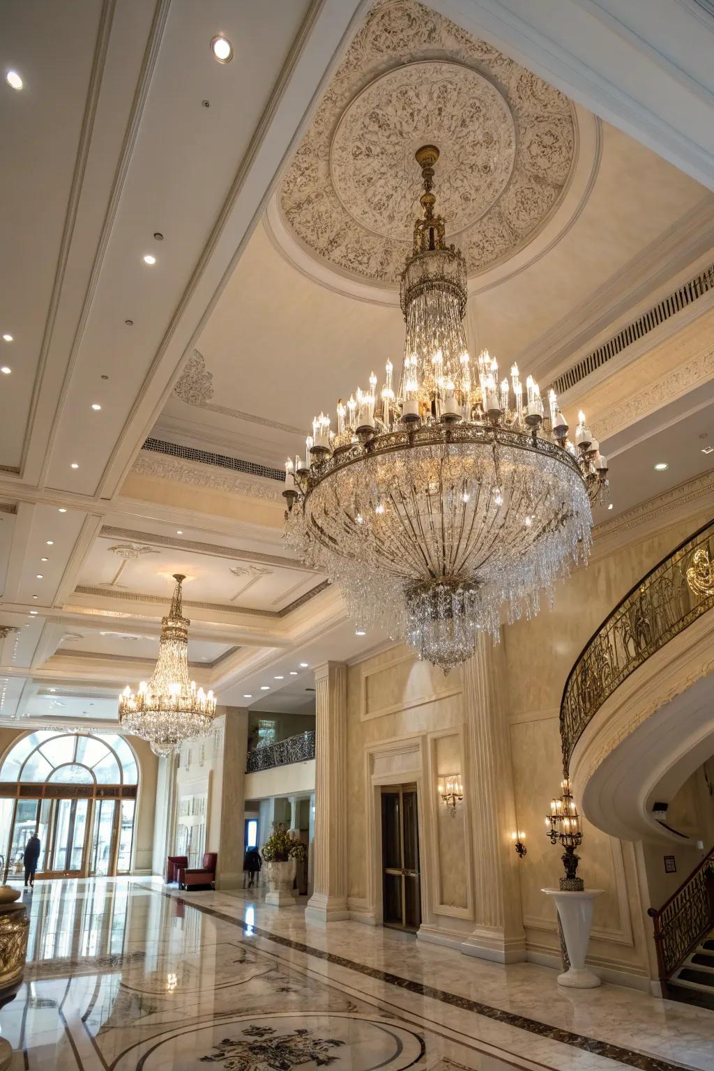 An elaborate chandelier illuminates a grand foyer, adding sophistication and warmth.