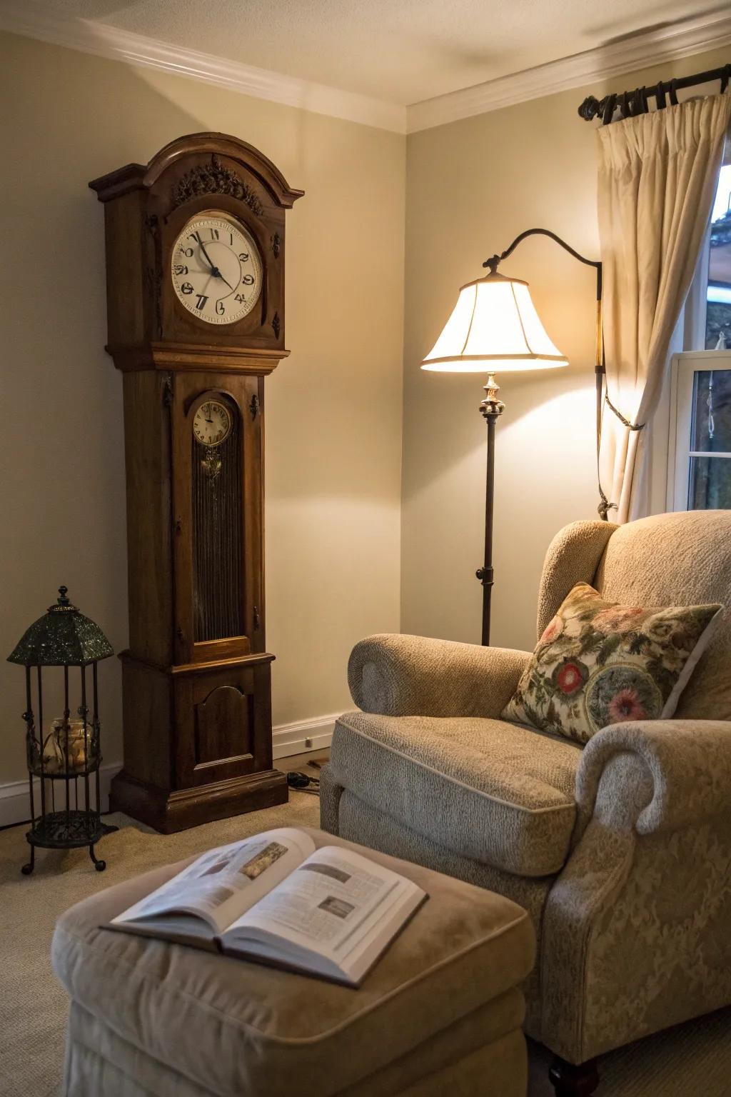 An inviting nook with a time-honored timepiece is transformed into the ideal spot for reading.