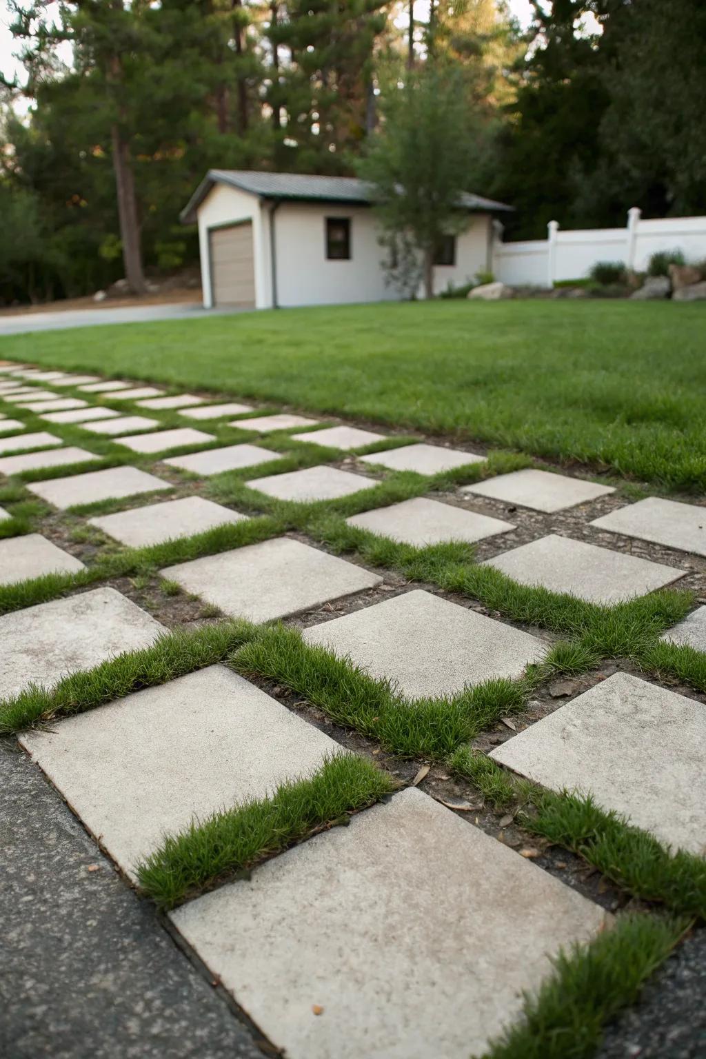 A striking patchwork design uniting grass and stone in a display of visual harmony.