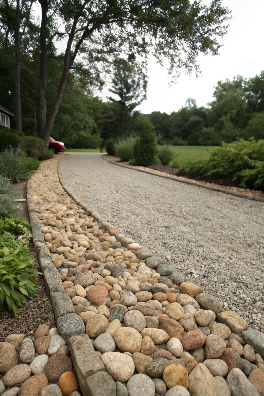 Borders of natural stone impart enduring sophistication to the driveway.