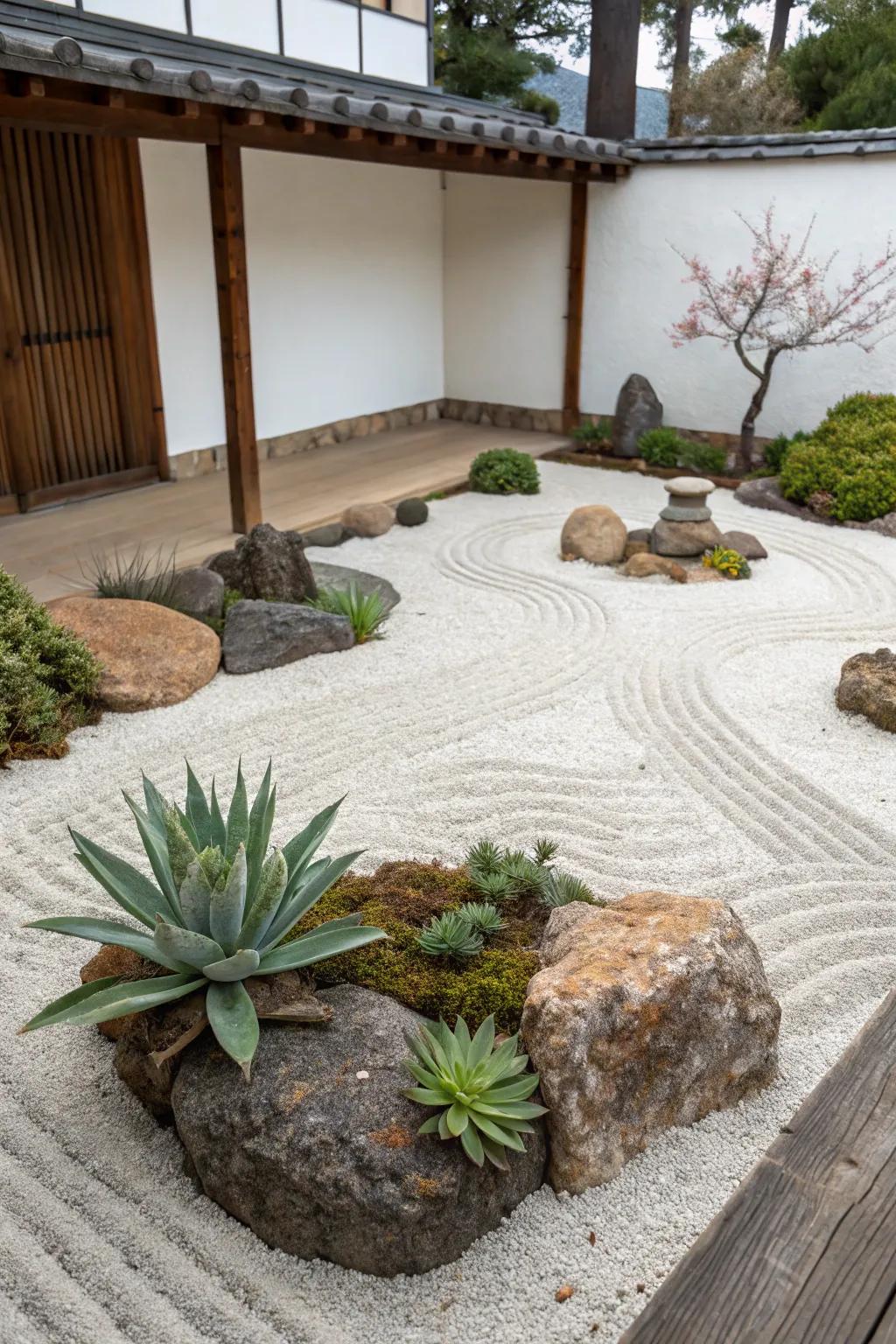 A Zen-style pebble flower bed featuring succulents