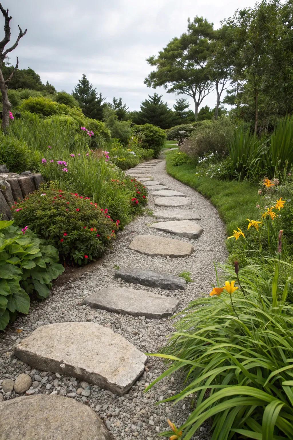 Stepping pavers enhance the charm and functionality of a gravel path.