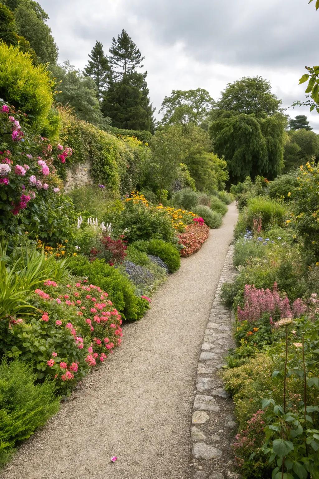 A gravel walkway harmoniously blended with garden beds
