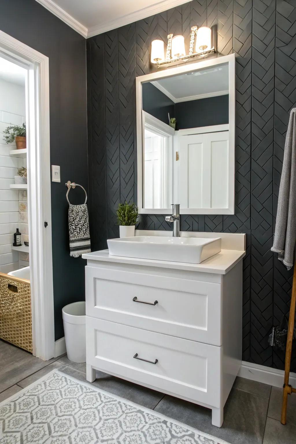 This vibrant bathroom is made more interesting with the addition of a deep gray focal wall.