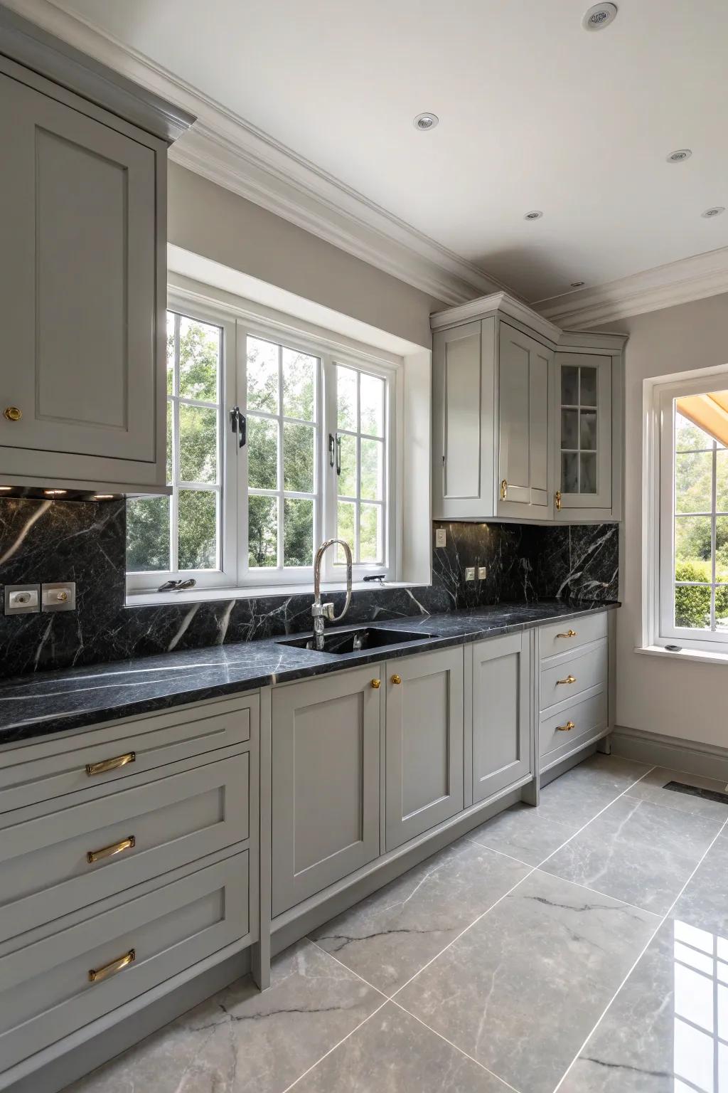 Gray cabinets beautifully highlighted by rich dark stone worktops.