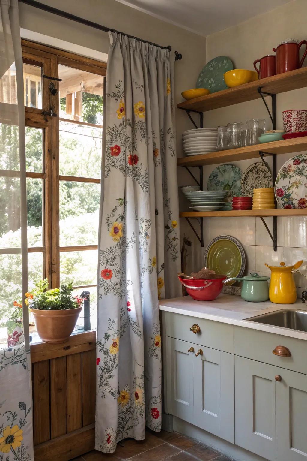 Patterned ash drapes bring a lively touch of character and flair.