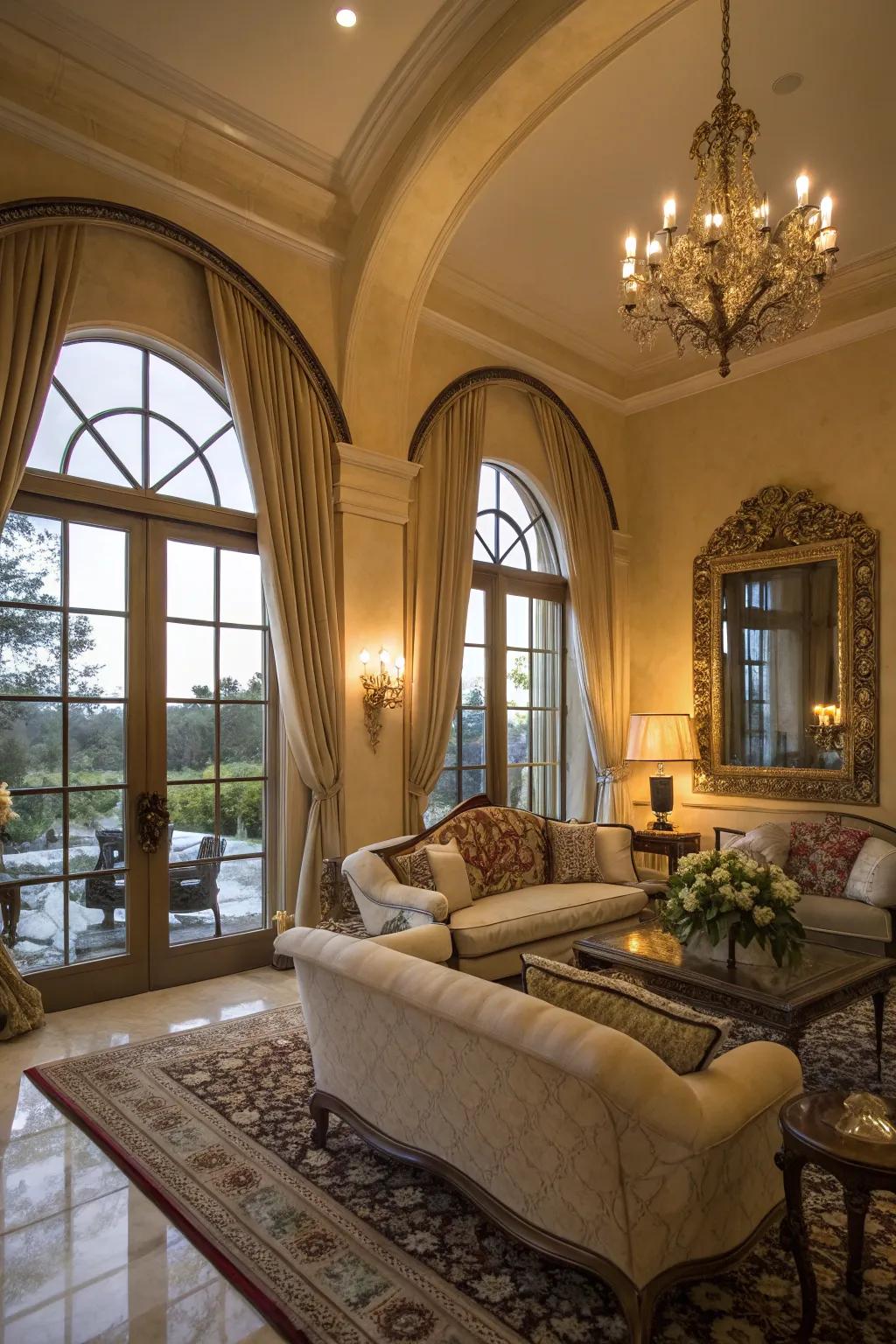 An inviting living space enriched by the sophistication of arched windows.