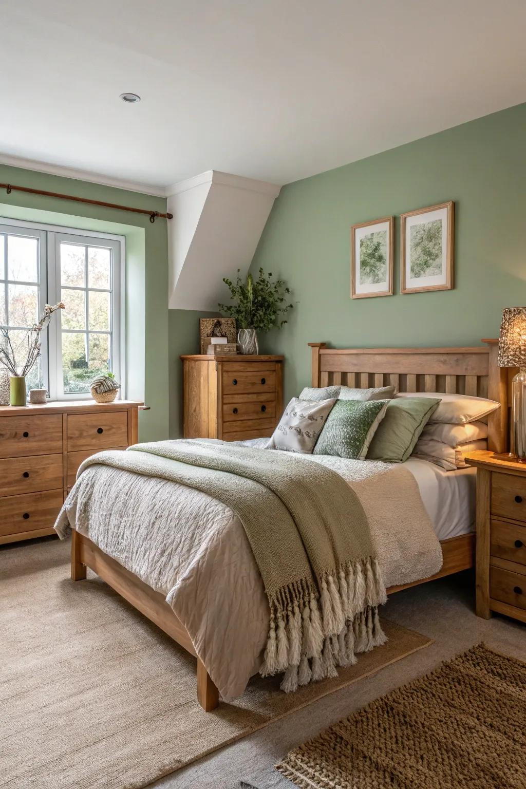 This bedroom's sage wall invokes a sense of serenity.