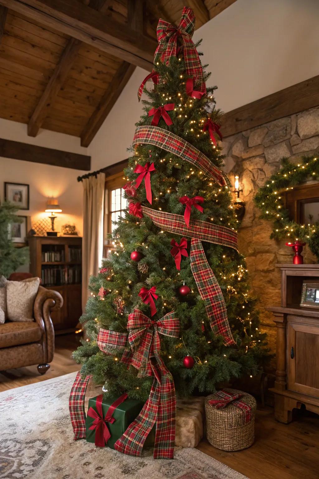 A rustic tartan-themed Christmas tree accented with red and green.