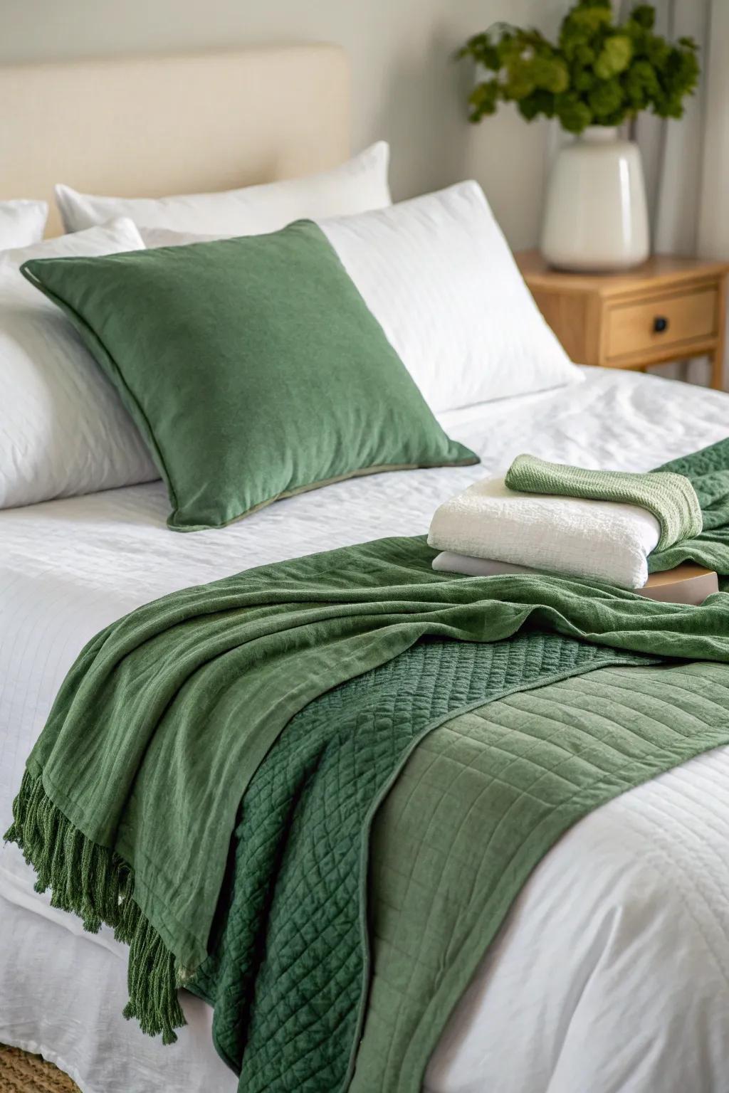 Layered textiles enhance both comfort and style within a green and white bedroom.