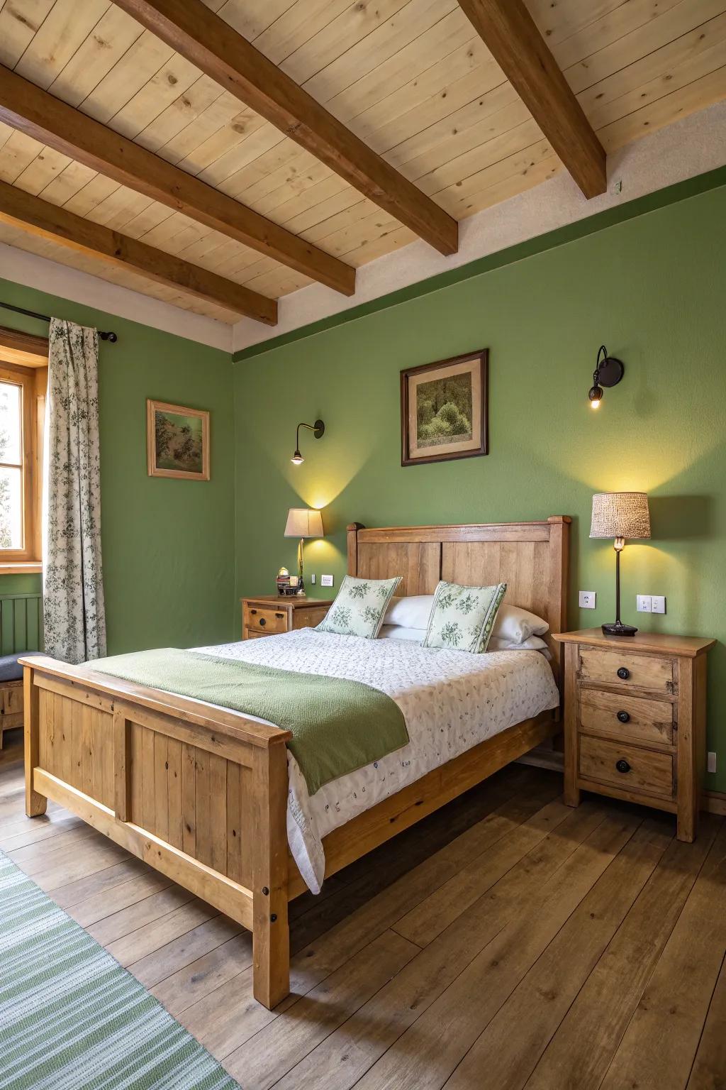 Raw timber accents enhance the green shades, making a balanced hideaway.