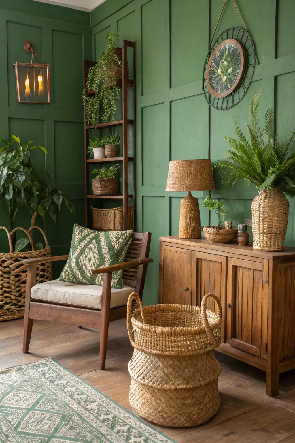 Organic feels work perfectly with green to evoke a nature-inspired atmosphere.