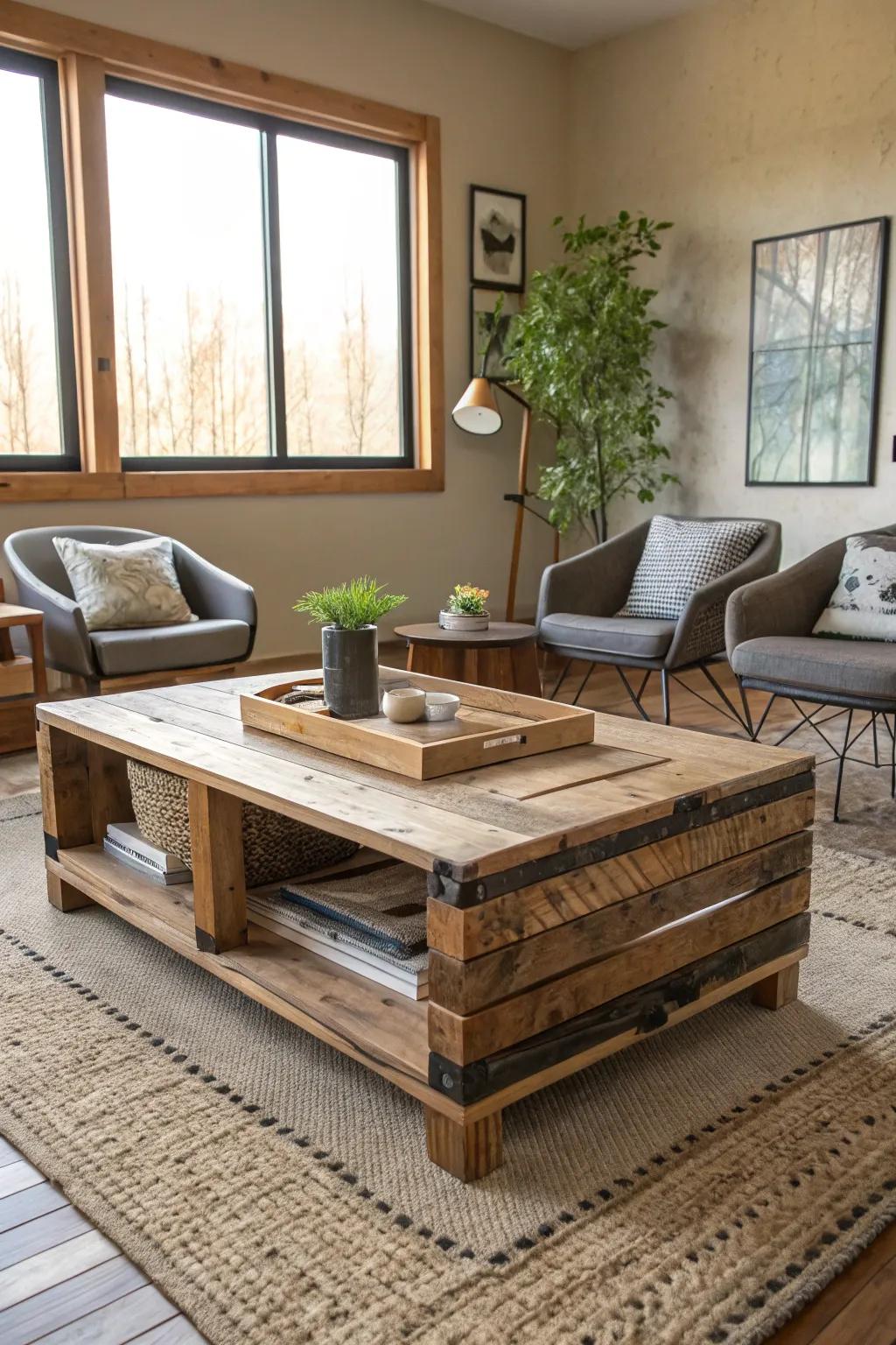 A living area highlighted by a central table made from reclaimed wood.