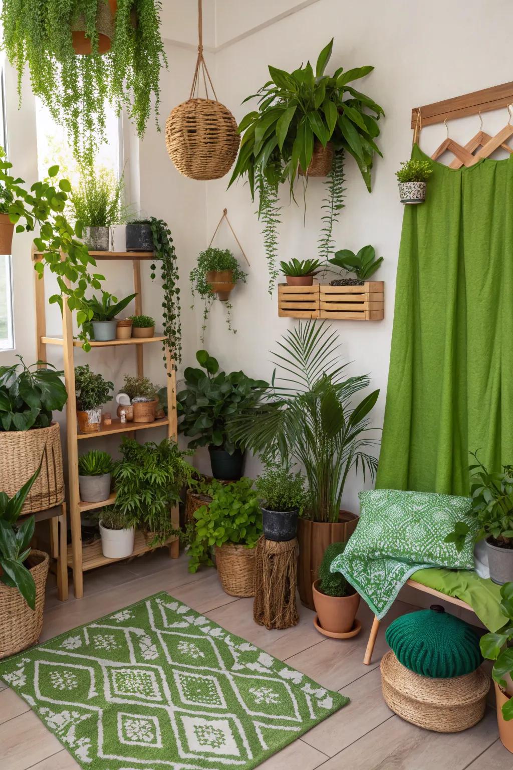 Interior botanical elements cultivate a lush and natural atmosphere.
