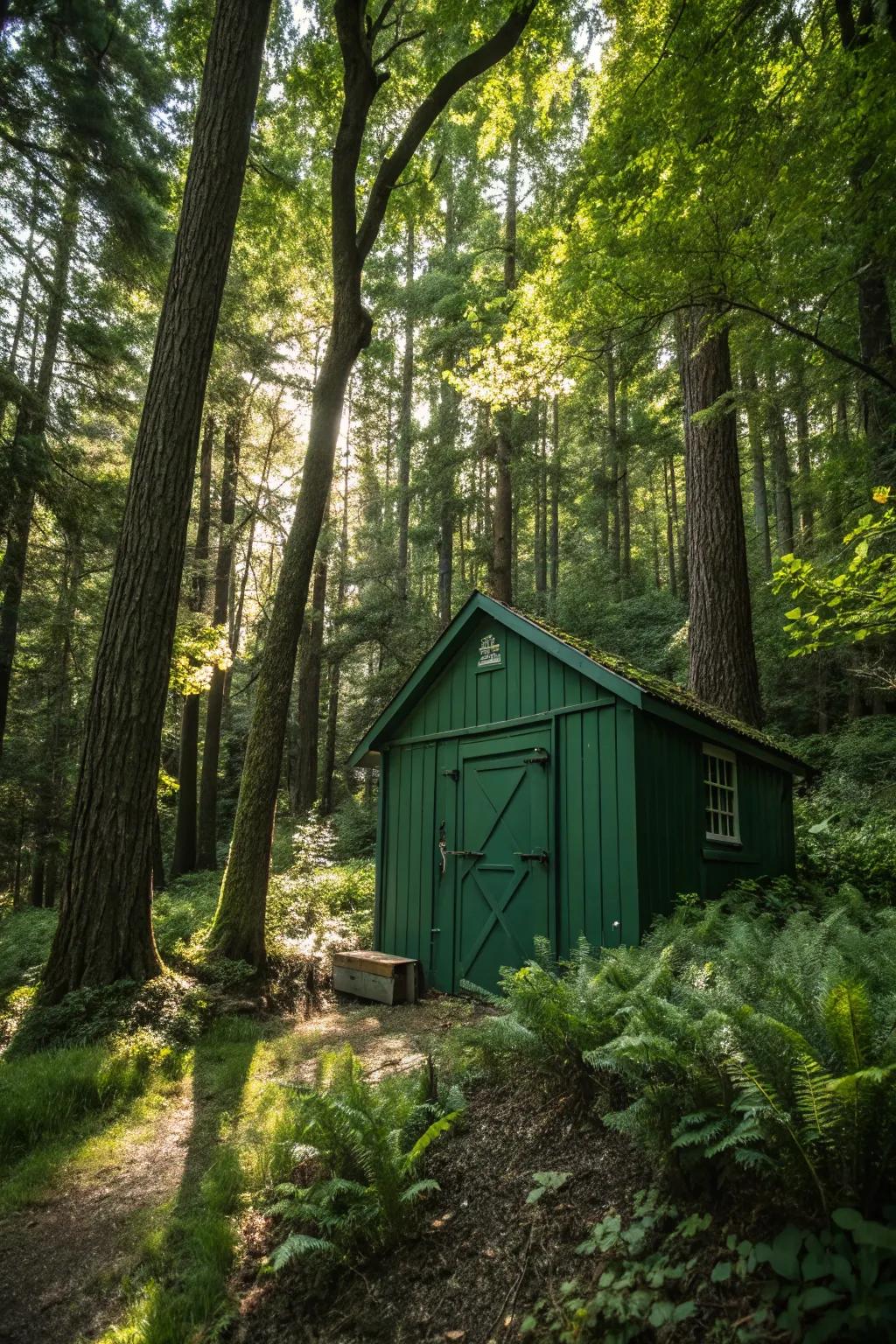 A deep woodland green shed provides a tranquil escape into nature.