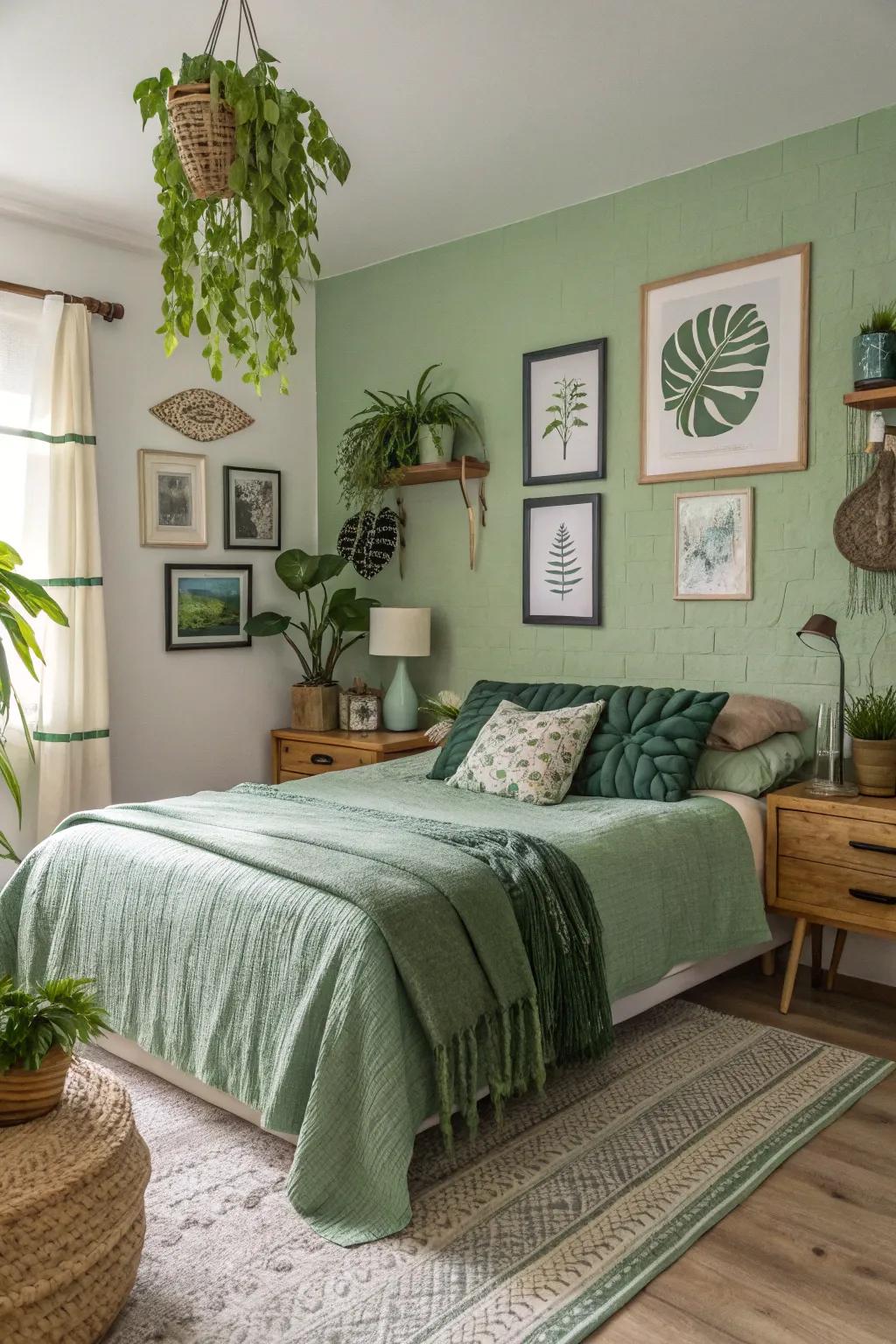 An elegant bedroom featuring layered green shades that deepen the space.