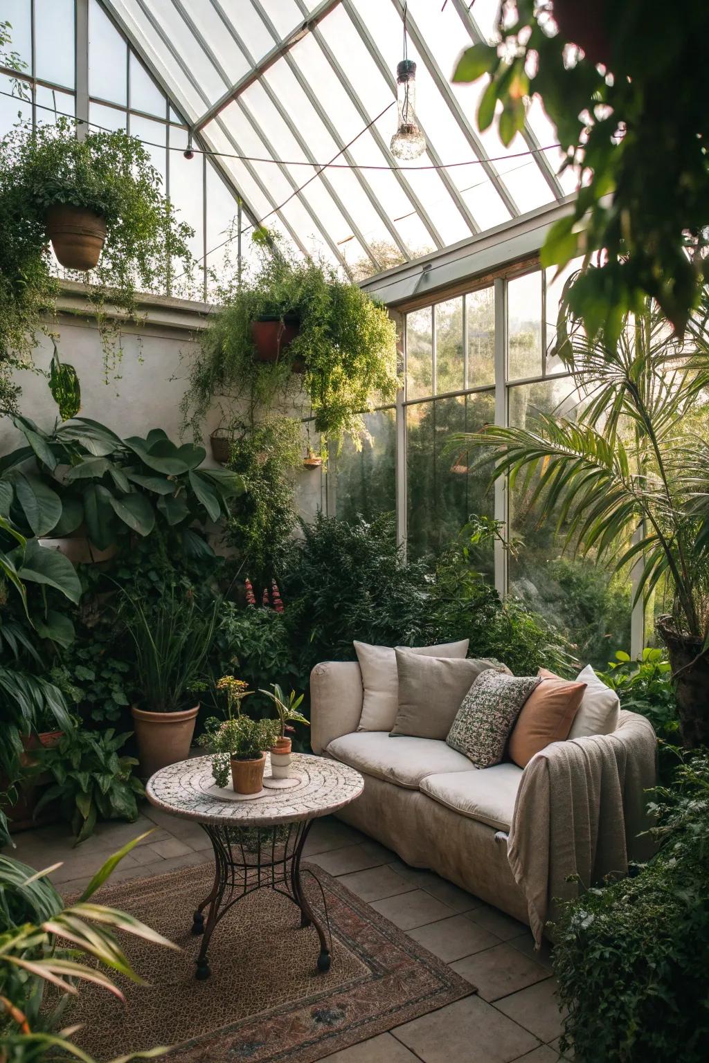 A greenhouse with an inviting seating space, made for relaxation.