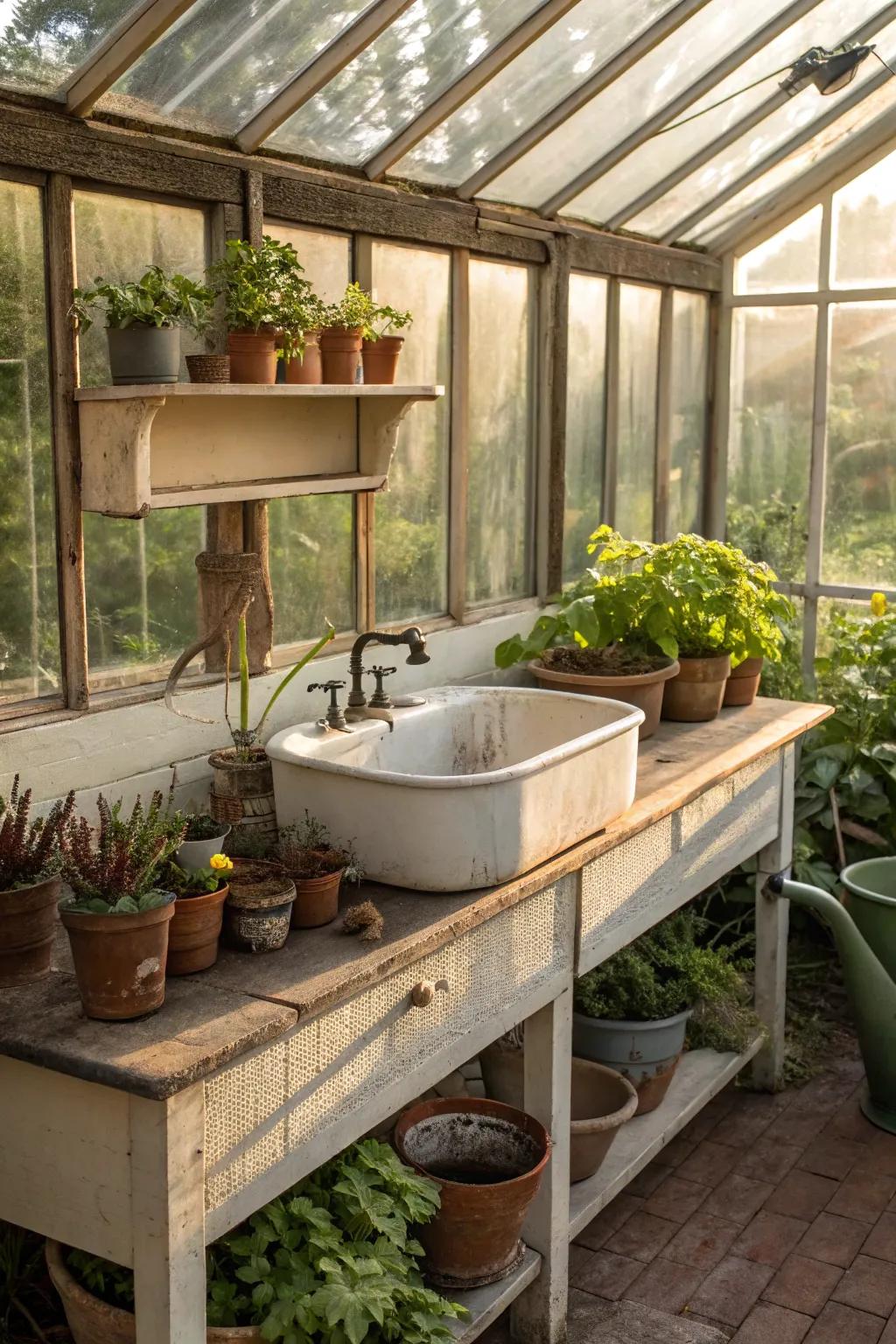 An old-timey basin brings ageless sophistication to a greenhouse setting.