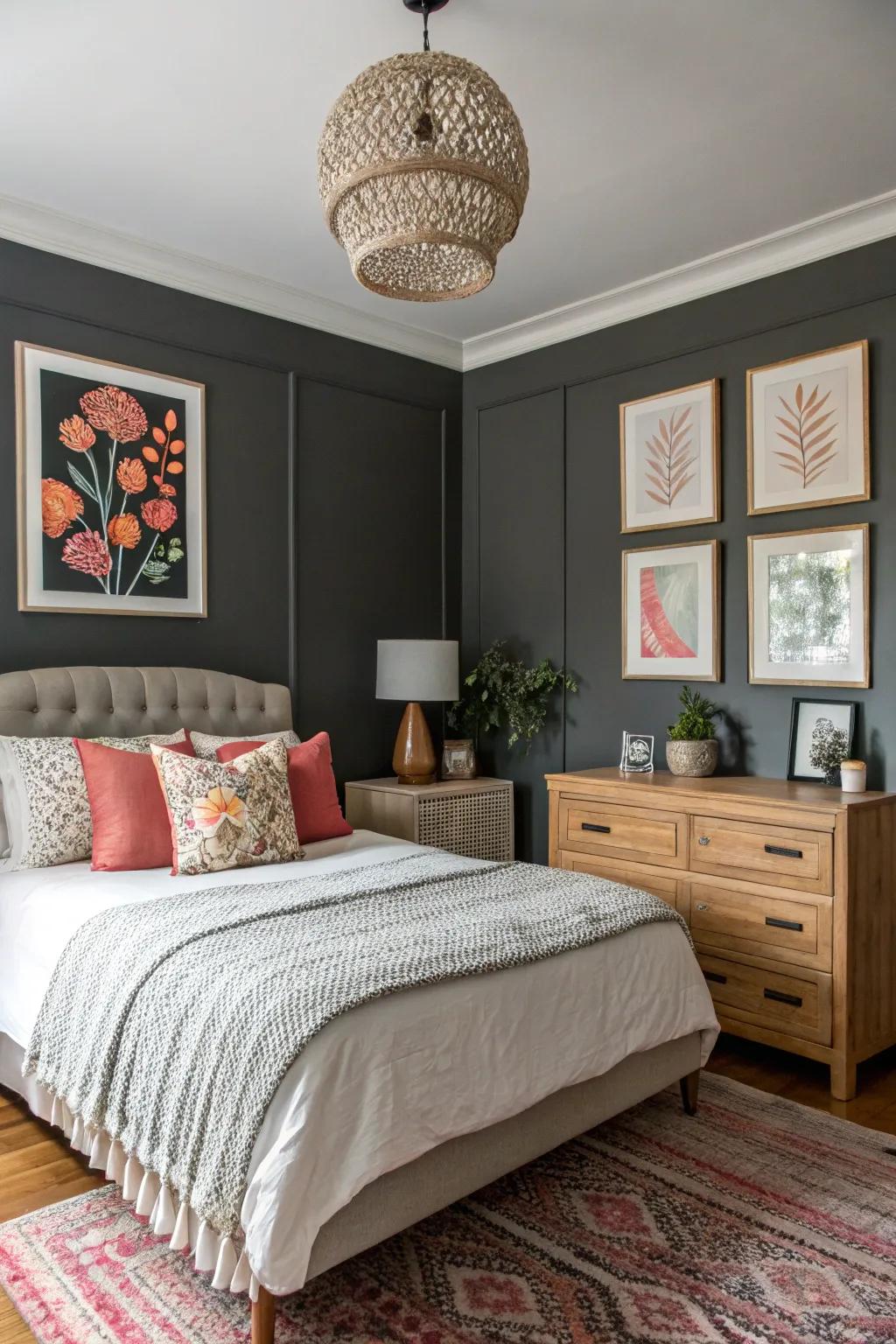 An enthralling bedroom design featuring a bold anthracite focal wall.