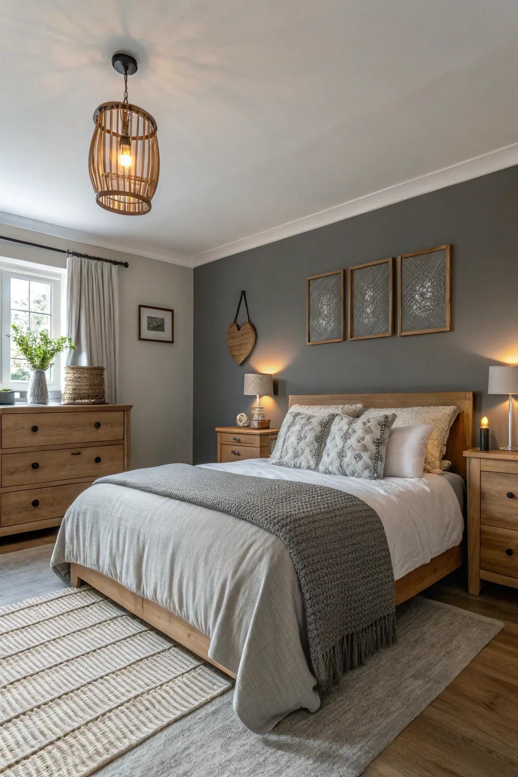 A bedroom showcased with a serene grey accent wall.