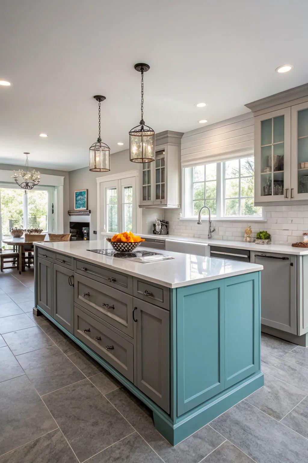 An aqua centerpiece becomes the soul of the kitchen, sparking conversation and togetherness.