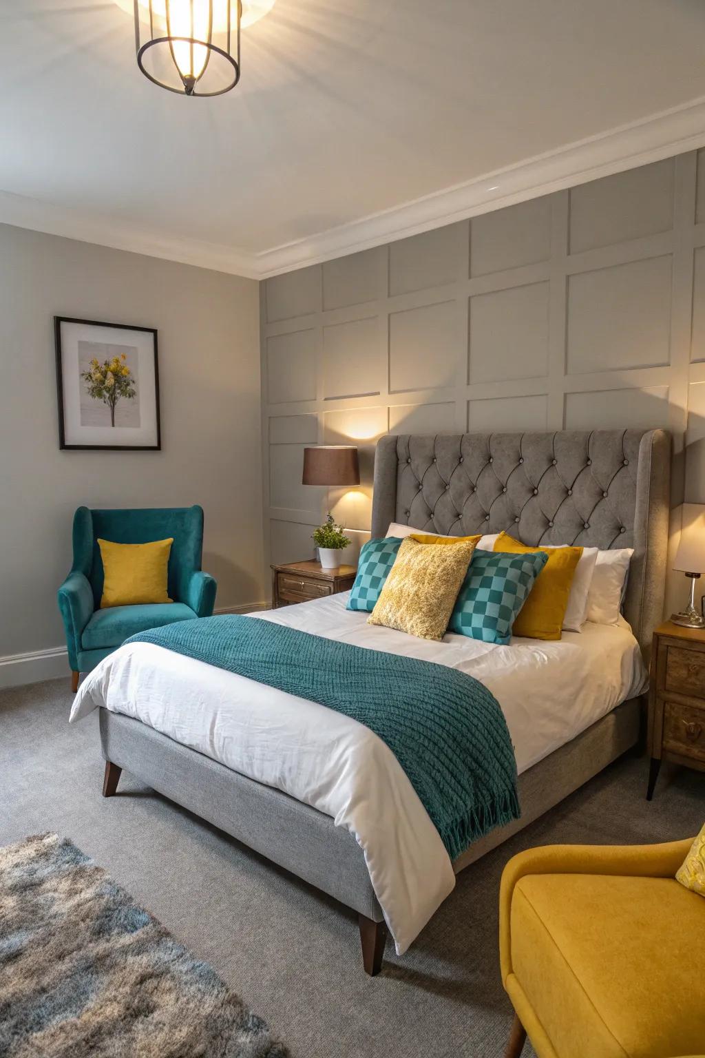 Bright colours infuse a grey bedroom with pep.