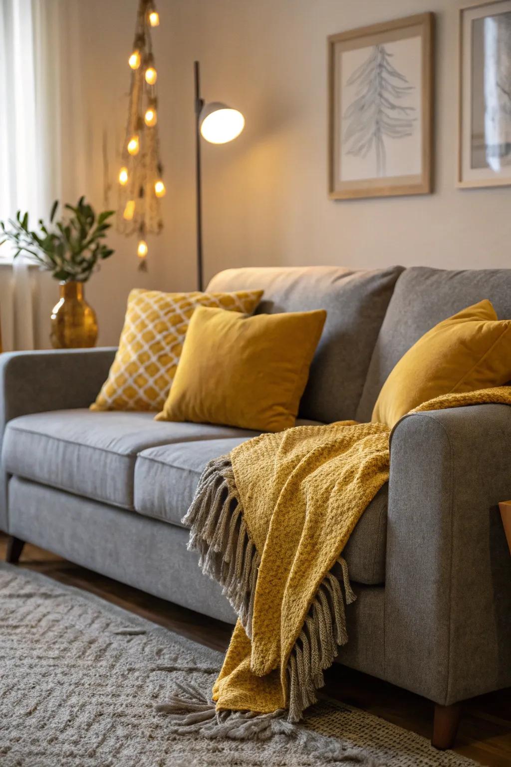 A charcoal sofa brightened with saffron yellow highlights.