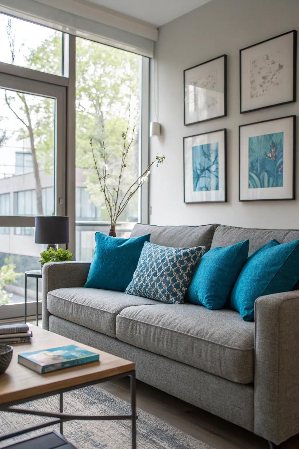 Vibrant azure cushions breathe vitality and dynamism into a grey sofa.