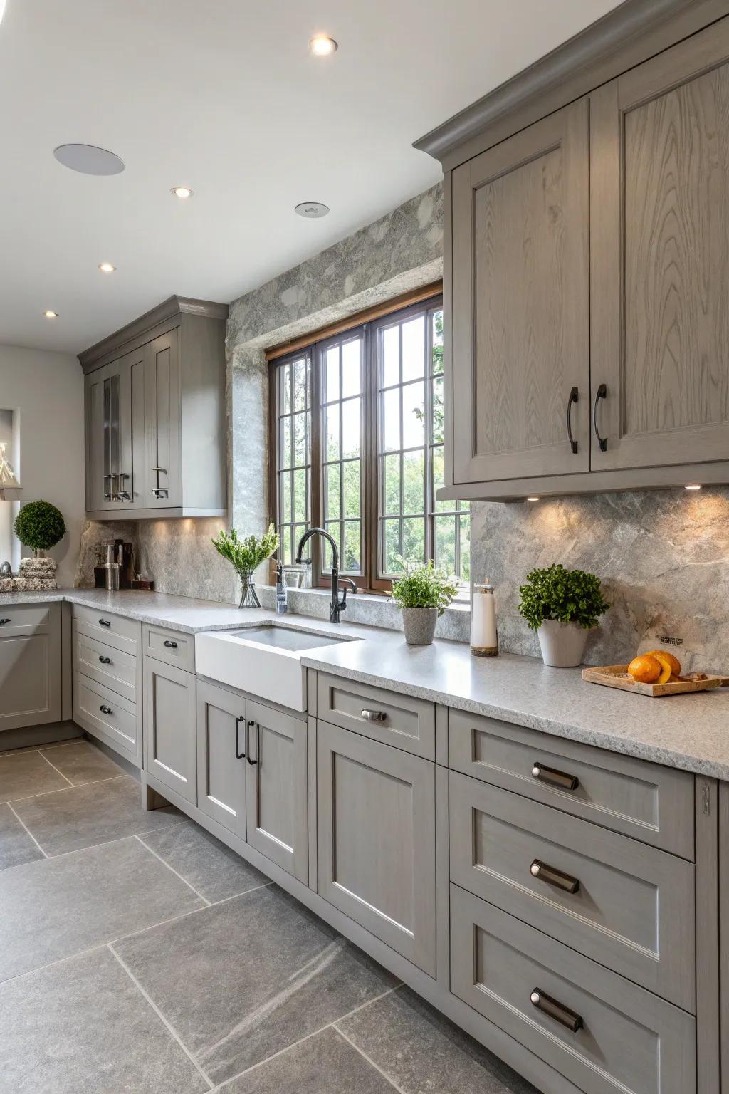 A kitchen displaying an array of grey hues in its countertops.