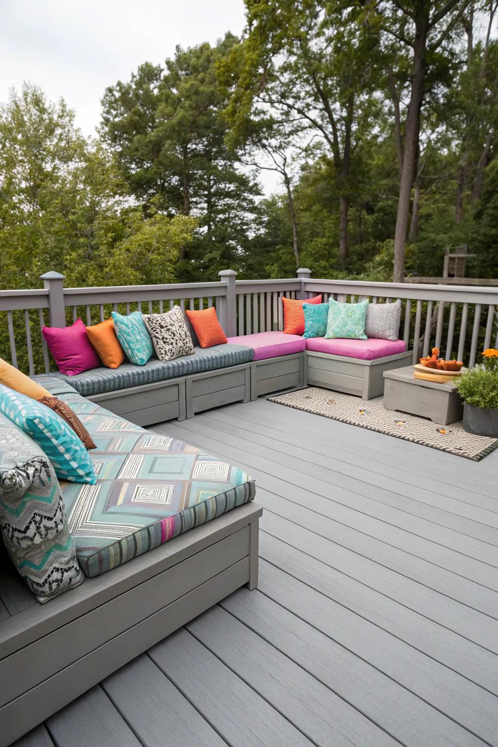 A welcoming outdoor lounge situated on a grey patio, accentuated with vibrant cushions.