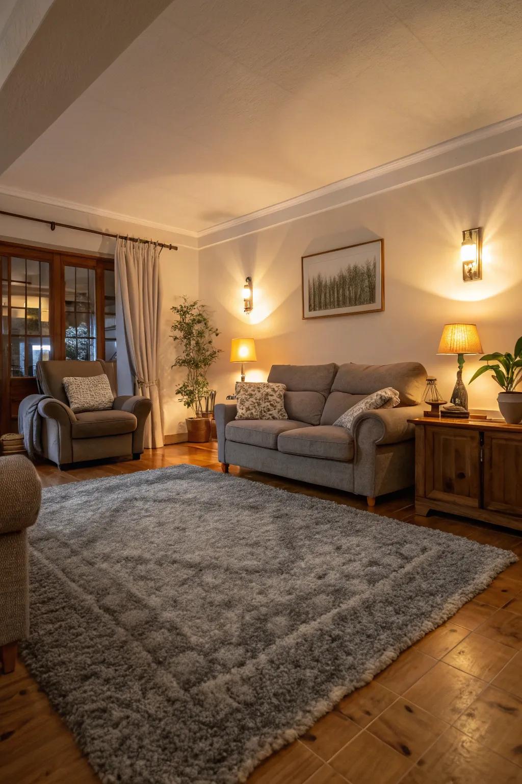 A greyish rug adds coziness and harmony to this welcoming living area.