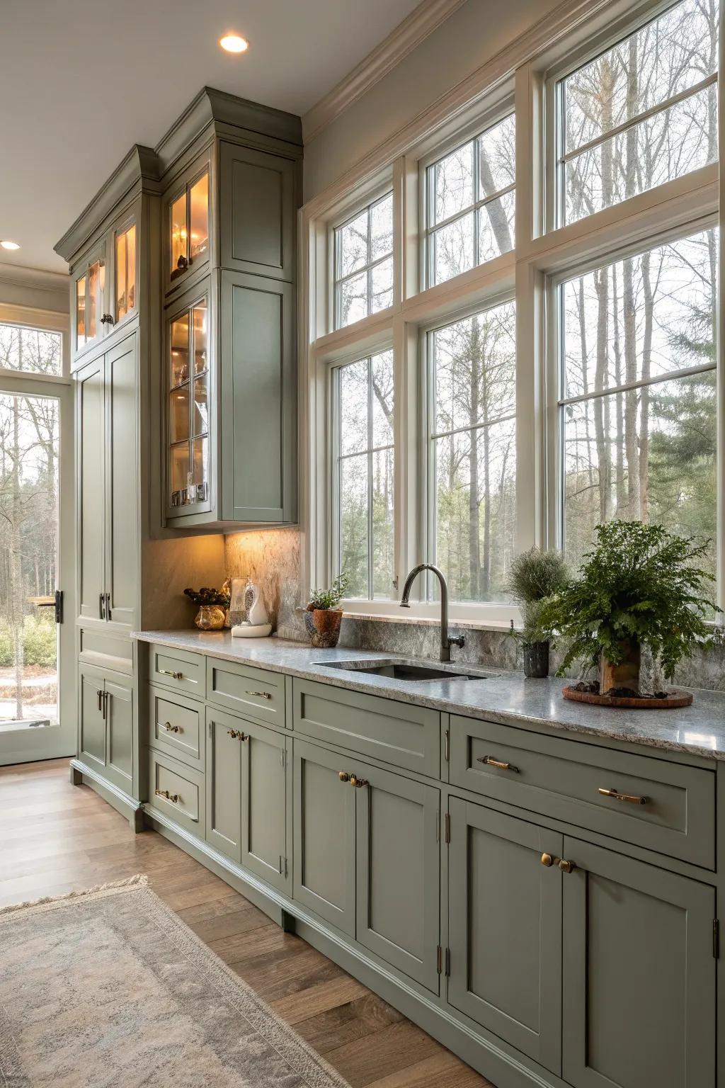 The sun shines on greenish-gray cabinets in a bright kitchen.