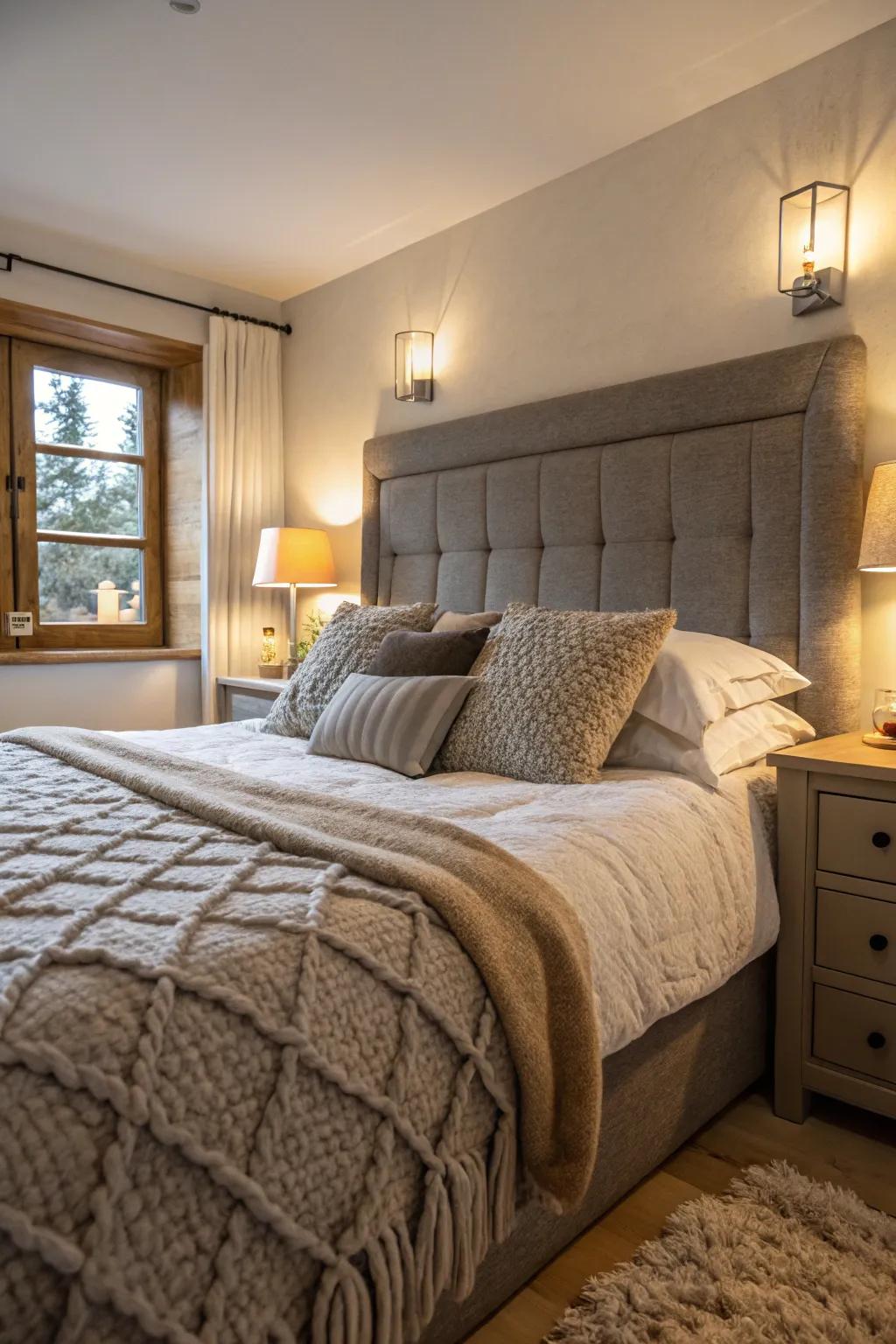A cozy bedroom with a stone-toned headboard, enhanced by dimensional bedding.