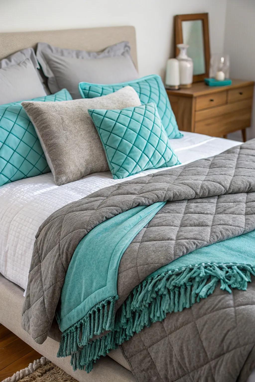 Layered bedding in smoke hued and sky breeze fashions a comforting and welcoming area.