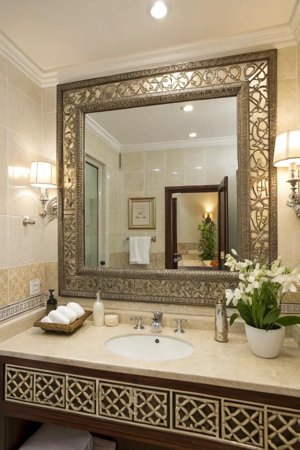 A guest bathroom spotlighting a sizable mirror with a unique frame as its focal point.