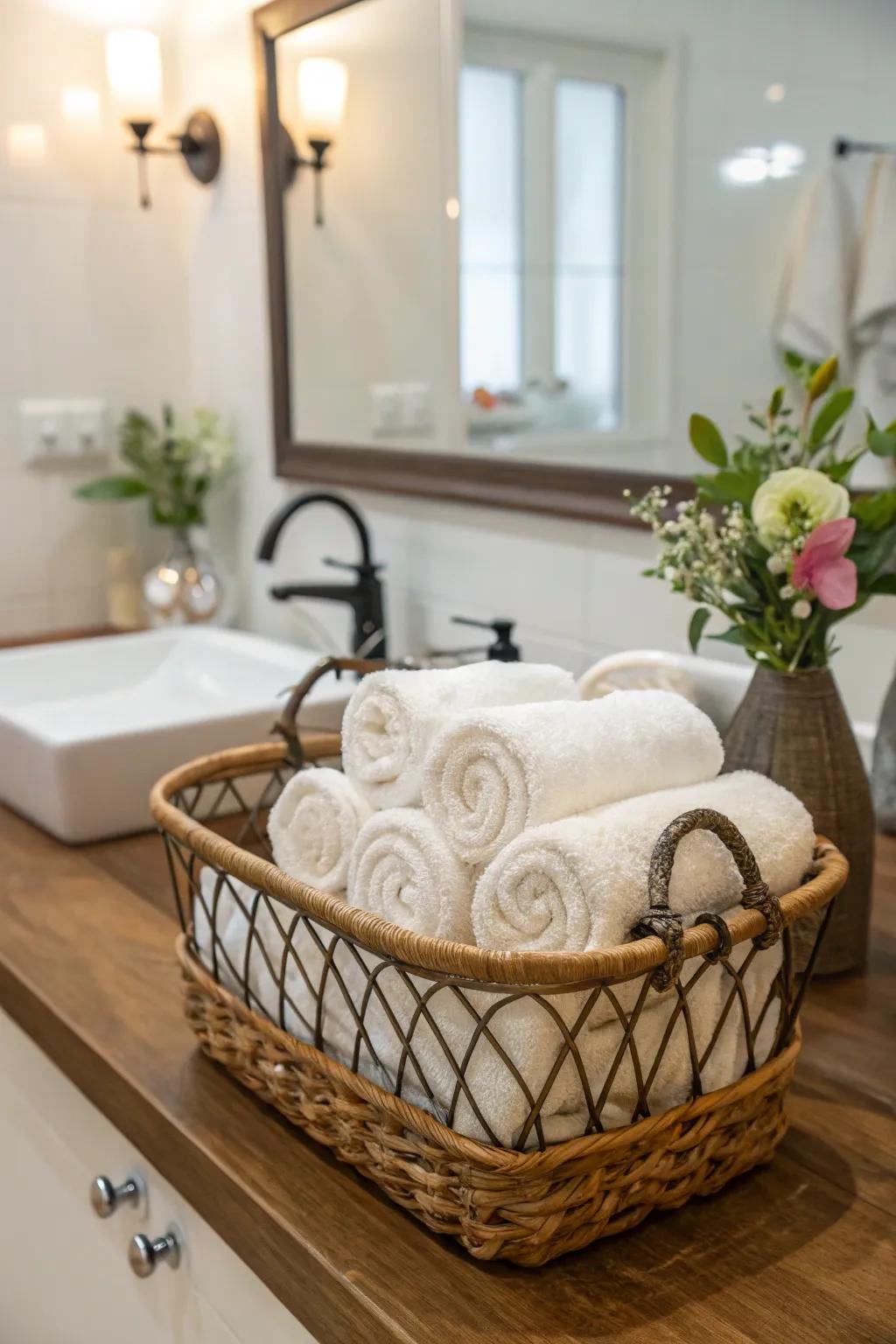 Rolled towels in a basket exude an elegant touch.