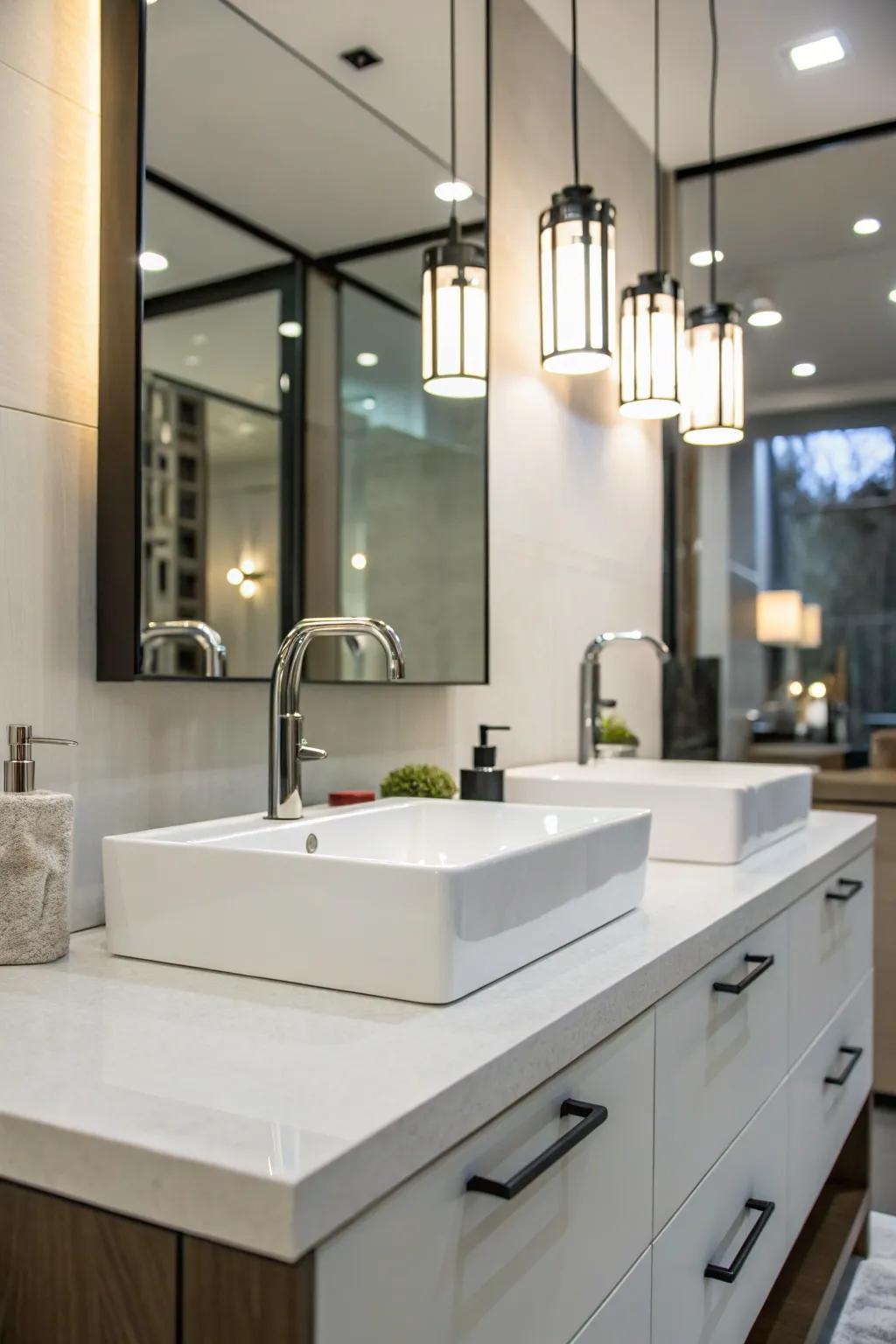 Elegant fixtures contribute a modern detail to this fashionable guest bathroom.