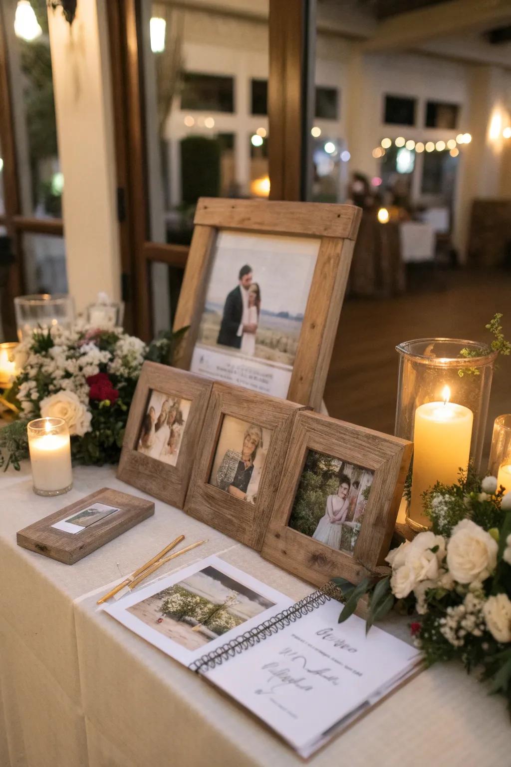 Rustic frames introduce a tailored detail to the guest book table.